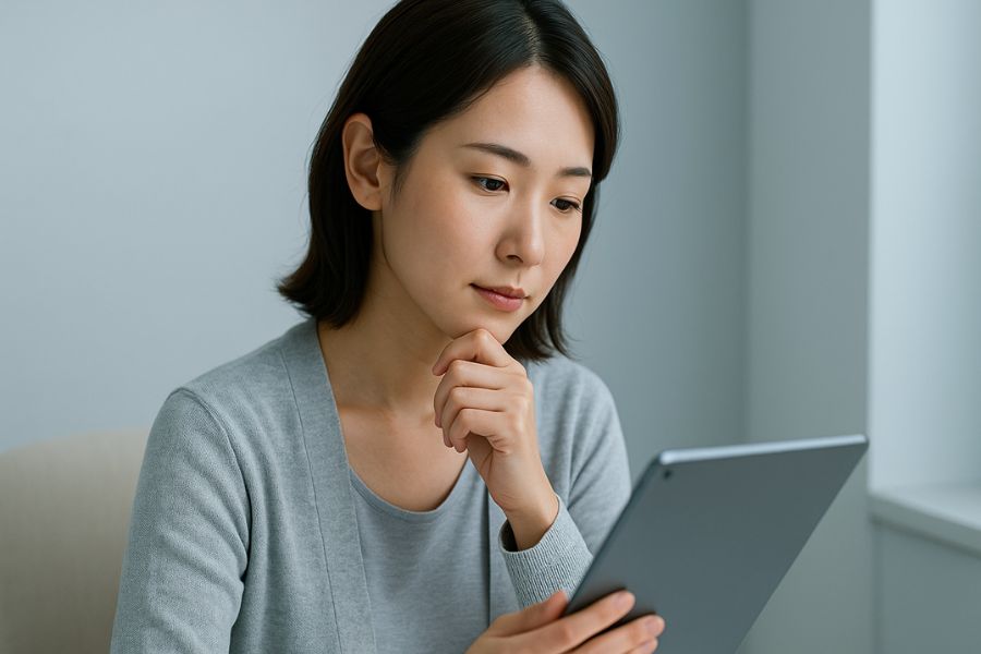 エラボトックスのデメリットを慎重に検討する日本人女性、情報を吟味する様子