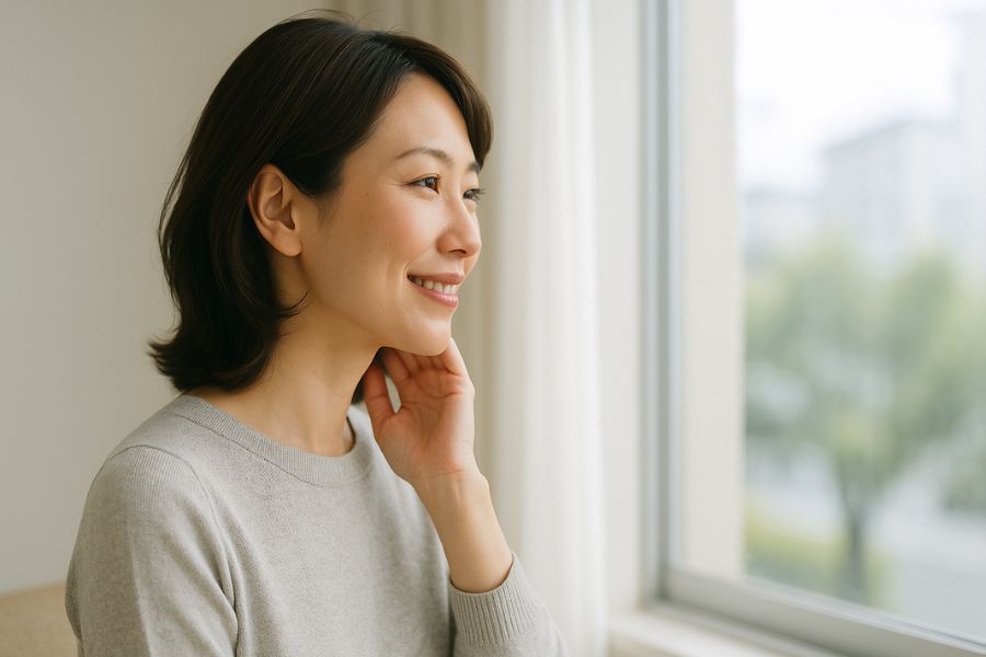 エラボトックスの持続期間を考える日本人女性の横顔、長期的な効果の維持をイメージ