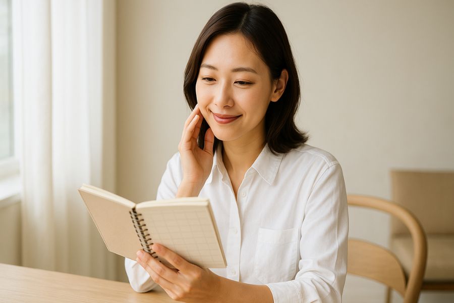 エラボトックスの効果が現れる期間を確認する日本人女性、カレンダーで計画を立てる様子