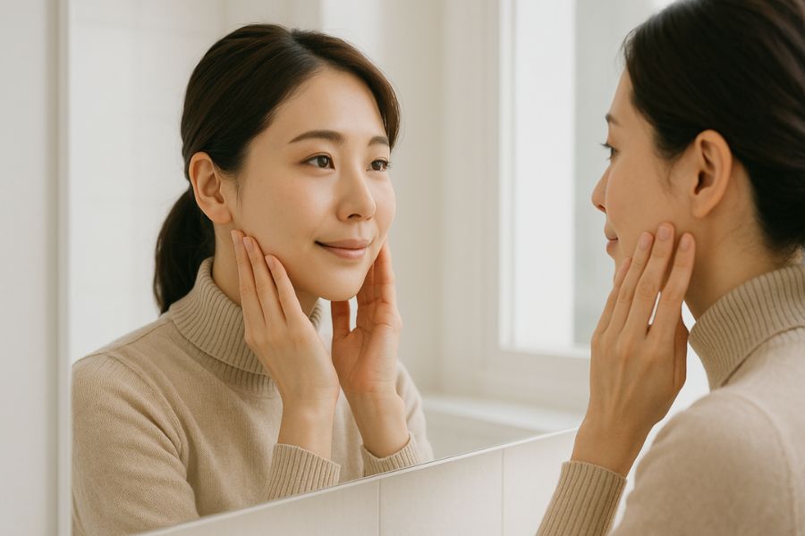 鏡の前でフェイスラインを確認する日本人女性、エラボトックスの基本説明イメージ