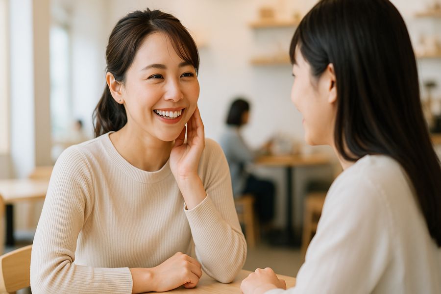 エラボトックスのメリットを実感する自信に満ちた笑顔の日本人女性、社交的な場面