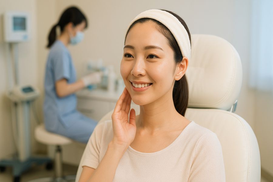 エラボトックス施術の流れ、清潔な施術室でリラックスする日本人女性患者