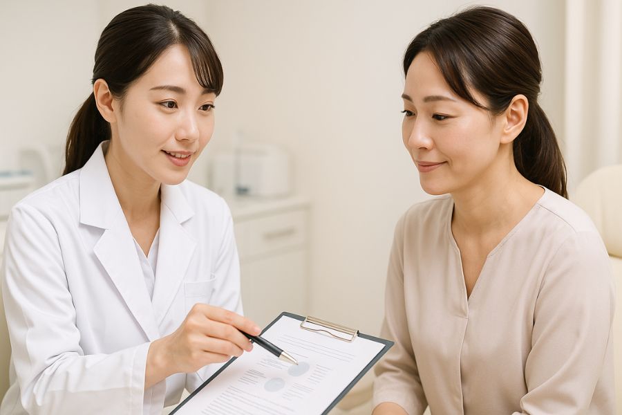 エラボトックスの副作用とリスクを女性医師から説明を受ける日本人女性患者