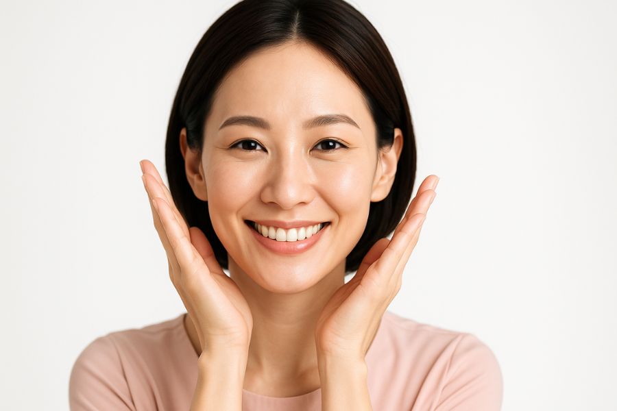 エラボトックスの小顔効果をイメージした笑顔の日本人女性、すっきりしたフェイスライン