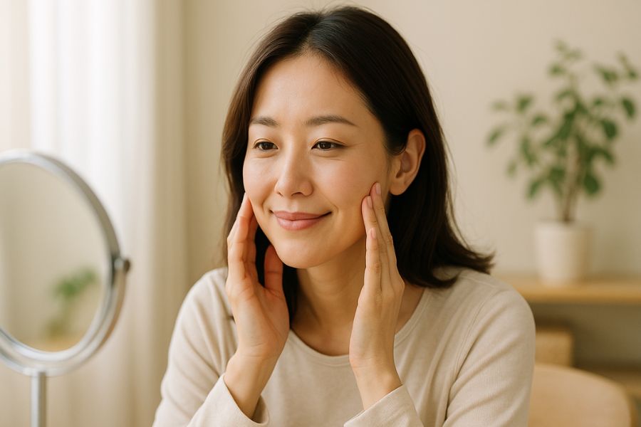 頬こけ改善のための表情筋エクササイズを実践する笑顔の日本人女性