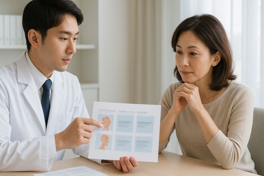 頬の脂肪吸引と他の小顔施術の違いを医師が説明し、複数の選択肢を比較する日本人女性患者
