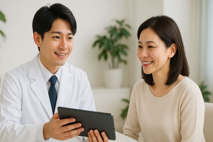 ほうれい線の原因を医師が日本人女性患者に説明している美容クリニックのカウンセリング風景、たるみや加齢の要因について