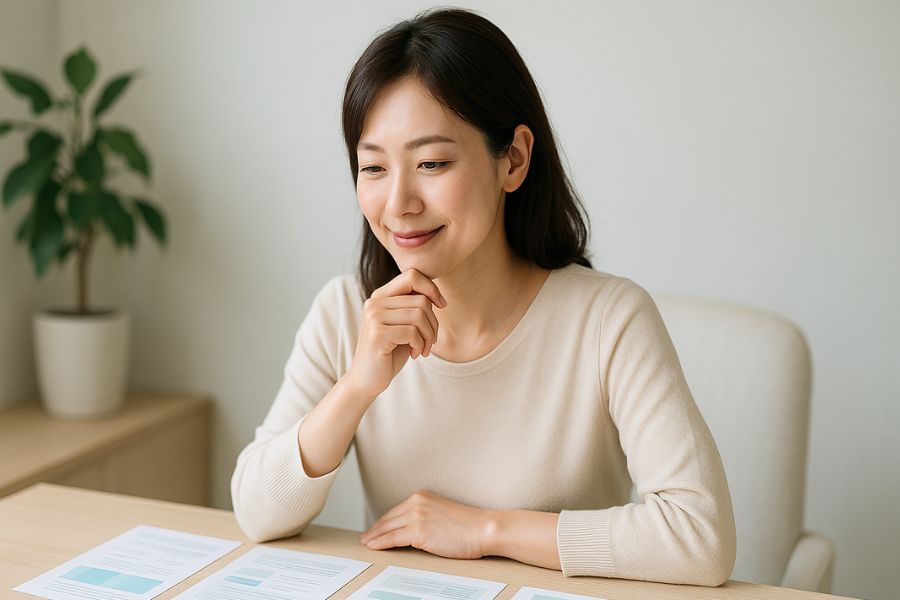 ほうれい線治療法の比較検討をする日本人女性、複数の施術方法から自分に合った改善方法を選ぶプロセス