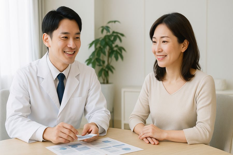 ほうれい線治療の選択肢を医師と患者が一緒に検討する美容クリニックでの相談風景、ヒアルロン酸や糸リフトなど複数の施術方法について