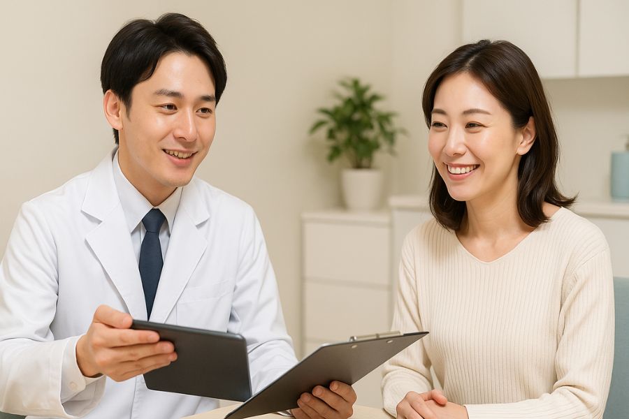 ほうれい線治療の流れと注意点を医師が丁寧に説明する美容クリニックでのカウンセリング、施術前の安心できる相談風景