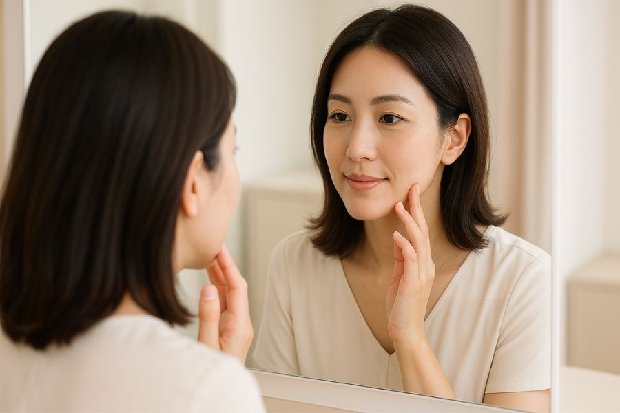 ほうれい線のタイプを鏡で確認する日本人女性、たるみタイプやくぼみタイプの見極め方をセルフチェックする様子