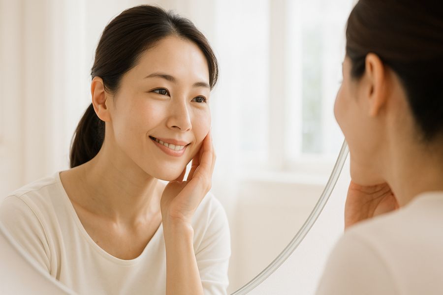 ほうれい線とは何かを理解する日本人女性が鏡の前で自分の顔を優しく見つめる様子、美容クリニックでの基礎知識説明