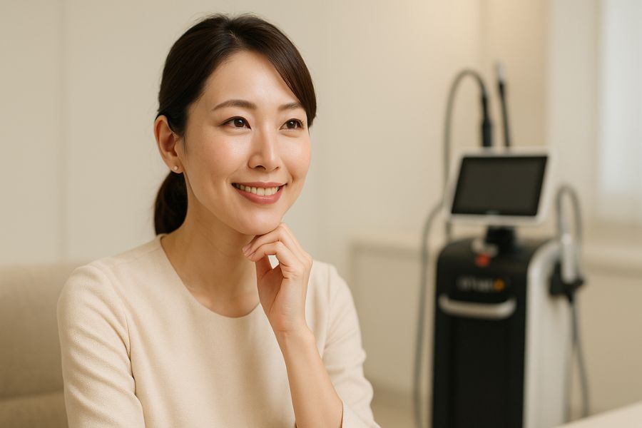 インモードによる小顔治療について説明を受ける女性患者