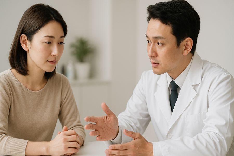 インモード施術のリスクについて医師から真剣に説明を受ける女性患者