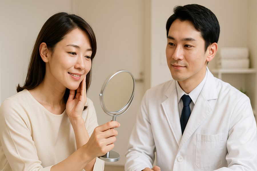 インモードの適応について医師と相談しながら自己診断する女性