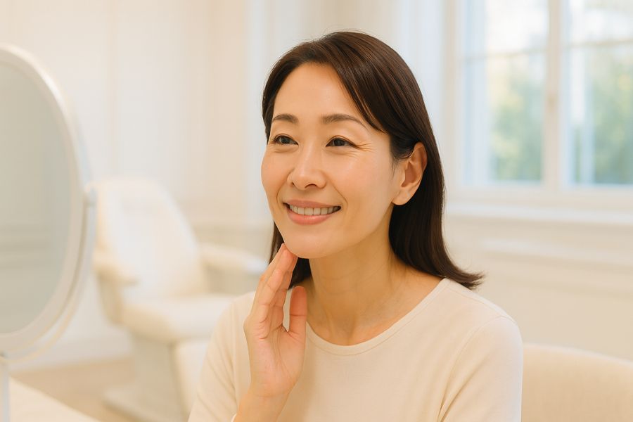 顎下のたるみ治療について相談する30代日本人女性が鏡の前で笑顔を浮かべている美容クリニックの明るい相談室