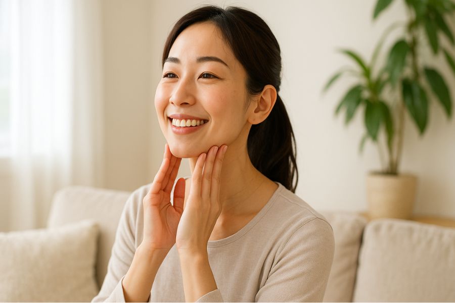 自宅で顎下のたるみ改善のためのセルフマッサージを実践する日本人女性が楽しそうに行っている様子