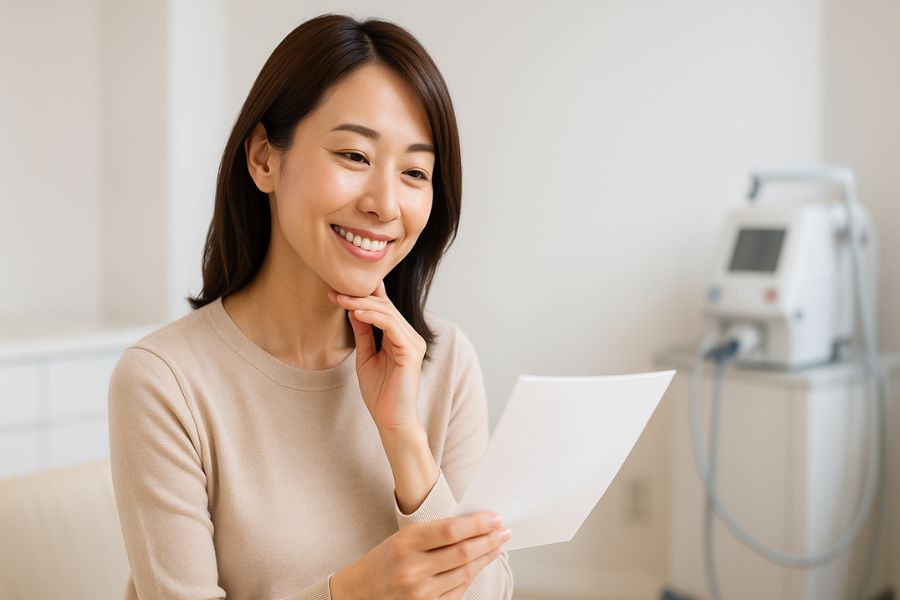 美容医療による顎下のたるみ治療の選択肢について資料を確認する日本人女性が理解を深めている様子