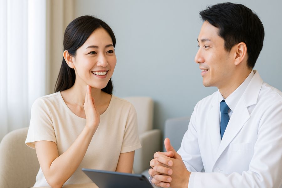 顎下のたるみ治療についてよくある質問を日本人医師に尋ねる女性患者が疑問を解消して安心している様子