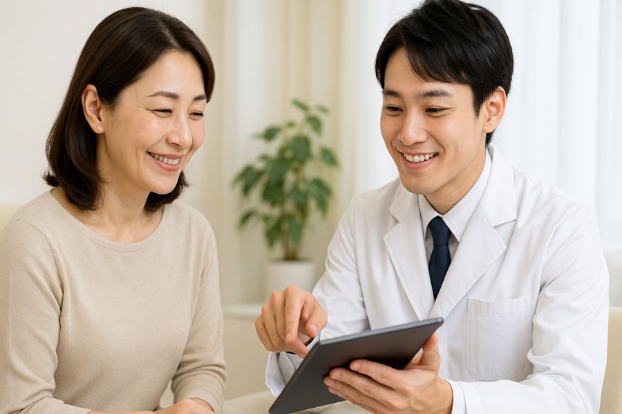 美容クリニックでマリオネットラインの原因について医師から説明を受ける女性患者｜加齢や表情筋の相談