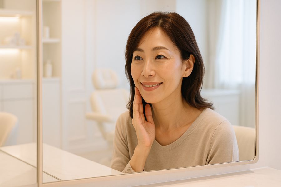 マリオネットラインを気にする女性が鏡の前で口角から顎のラインを確認している様子｜福岡天神美容クリニックでの治療相談