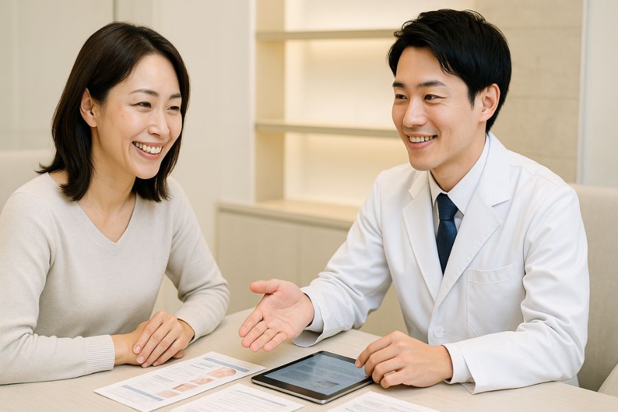 美容クリニックでマリオネットライン治療法について医師から説明を受ける女性｜ヒアルロン酸・糸リフト・HIFUなどの選択肢