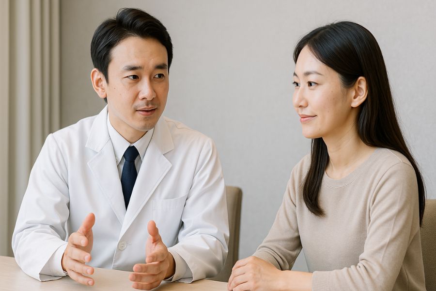 マリオネットライン治療のリスクと副作用について医師から詳しい説明を受ける女性患者｜安全性の確認