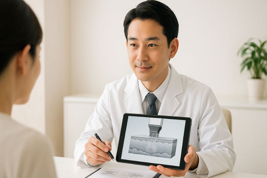 モフィウス8の治療技術について説明する日本人医師とカウンセリング風景