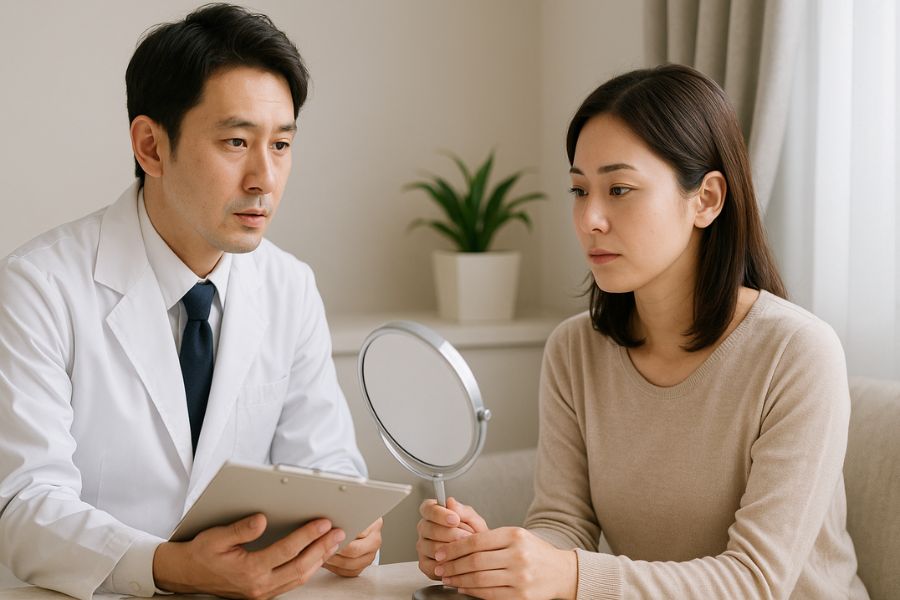 モフィウス8のダウンタイムとリスクについて説明する医師と患者