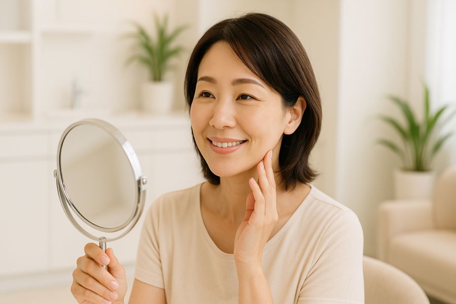 モフィウス8の効果を期待して鏡で顔を確認する日本人女性