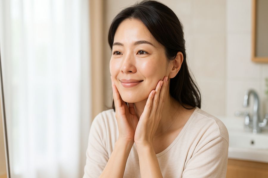 モフィウス8の効果でたるみが改善した肌を確認する日本人女性