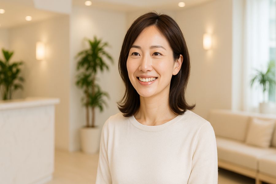 信頼できる美容クリニックを見つけて安心した表情の日本人女性、頬こけ治療のクリニック選び