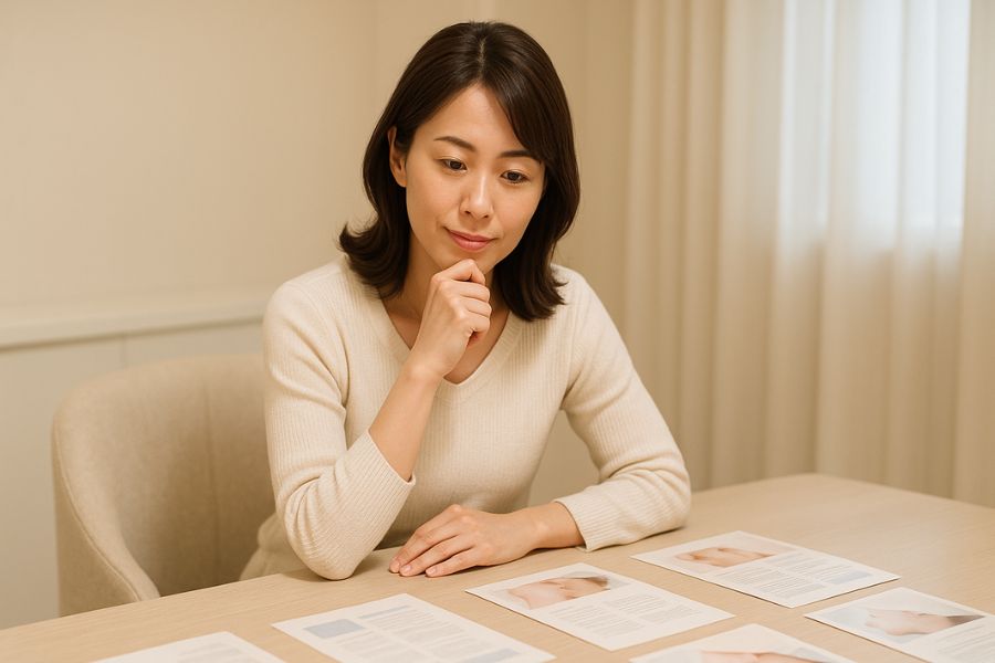 顎下のたるみ治療方法を比較検討する日本人女性が複数の資料を前に慎重に選択を考えている様子