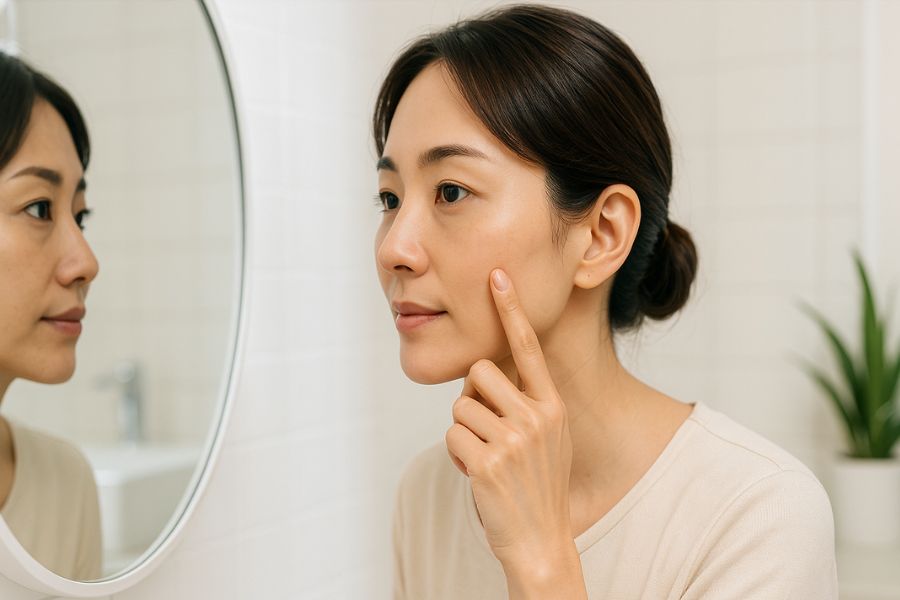 鏡で頬のラインを確認する日本人女性、頬こけの見た目への影響を理解する様子