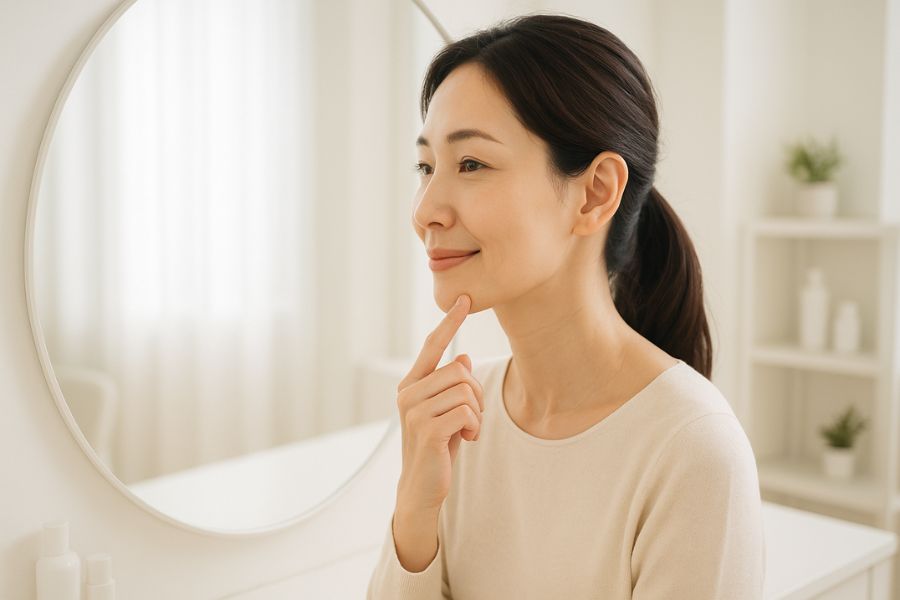 マリオネットラインの位置を確認する女性｜口角から顎にかけての縦のシワやたるみの説明