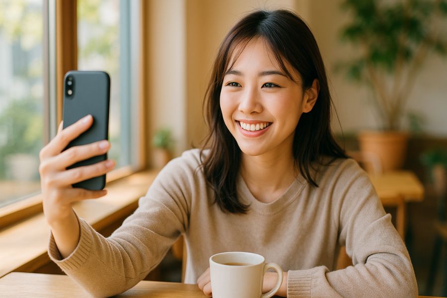 スマートフォンで自撮りをする20代女性、小顔に対する関心を持つ若い世代