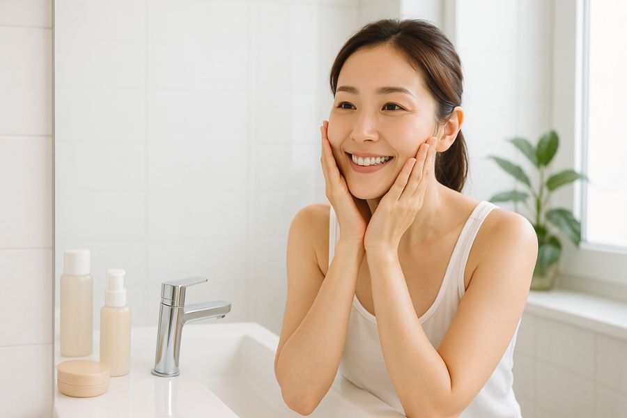 30代女性が鏡で顔のたるみをチェックしながら朝のスキンケアをしている様子