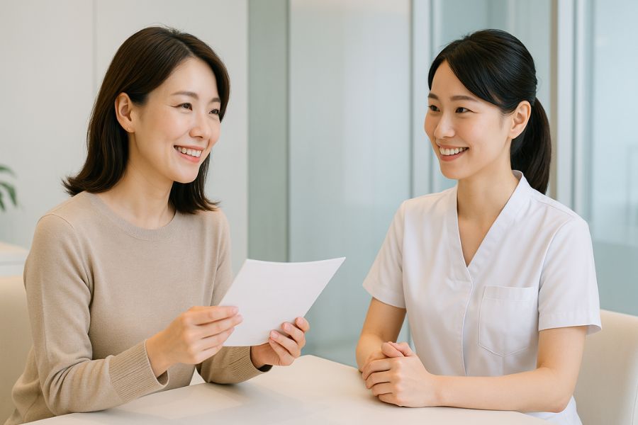 30代女性が美容クリニックの受付で治療について相談している様子、クリニック選びのポイント