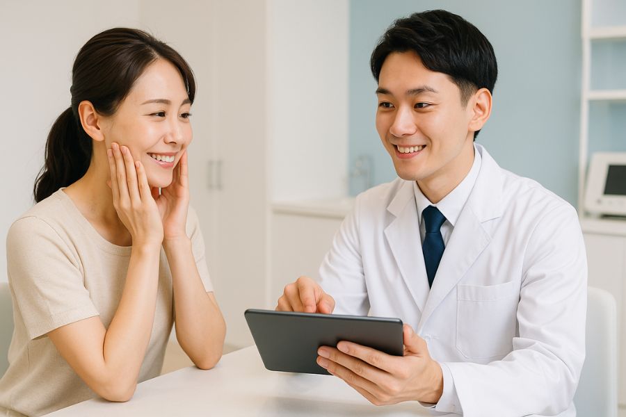 30代女性が美容クリニックで医師からリフトアップ治療について説明を受けるカウンセリング風景