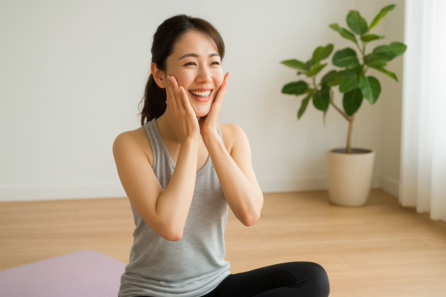 自宅でフェイシャルエクササイズをする30代女性、たるみ予防のセルフケア実践風景
