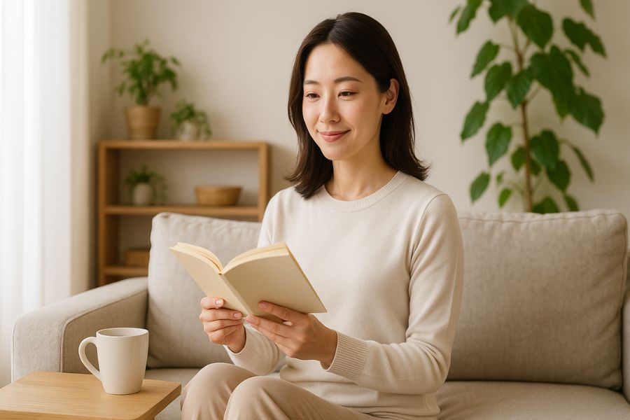 たるみ予防のために良い姿勢で読書をする30代女性の健康的なライフスタイル