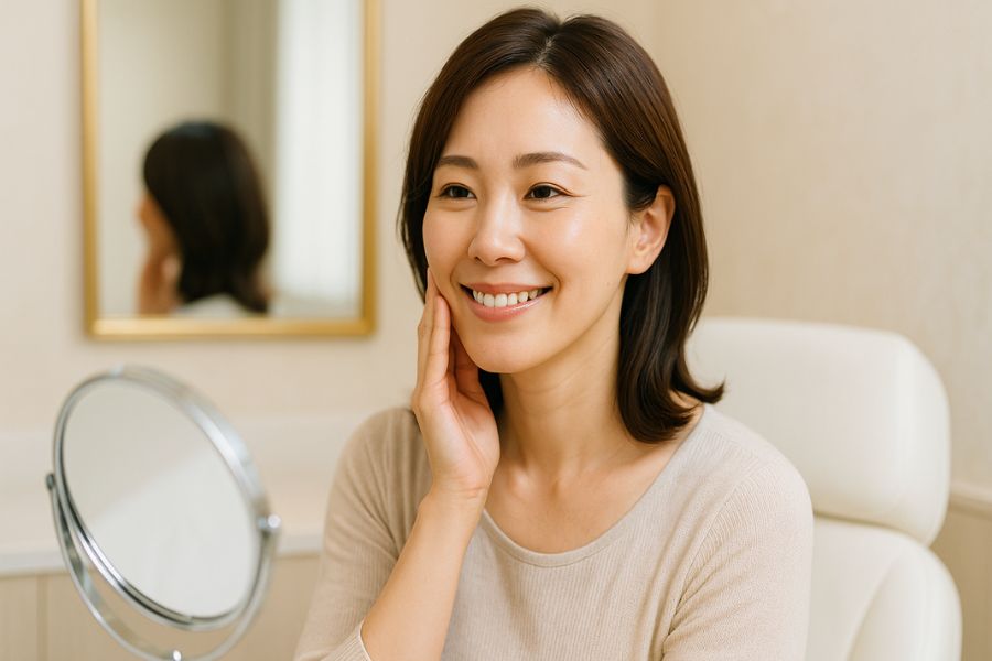 ハイフ治療後に鏡でフェイスラインを確認する満足そうな30代女性