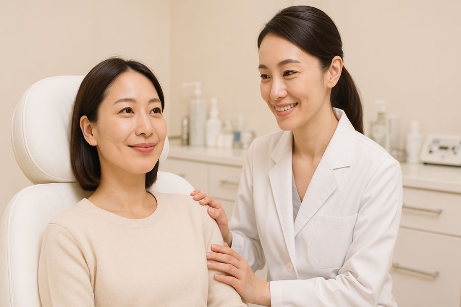 美容クリニックで糸リフト施術前の準備をする30代女性と医療スタッフ