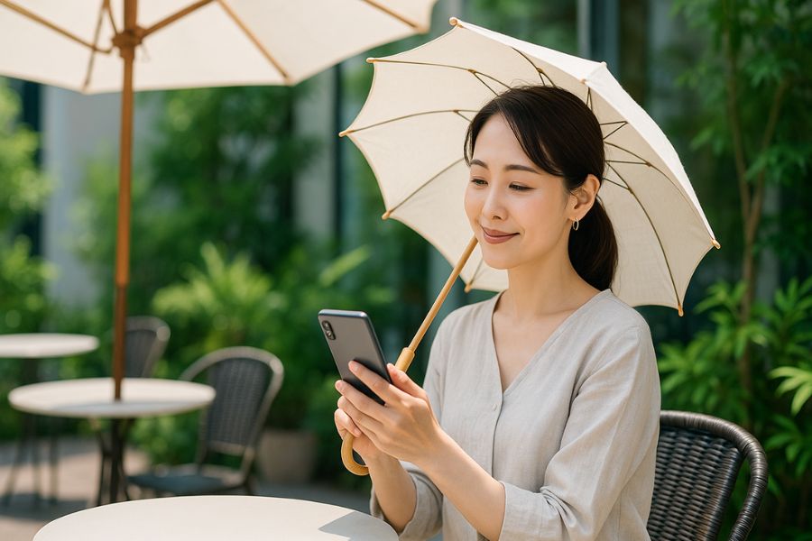 紫外線対策をしながらカフェで過ごす30代女性、たるみの原因となる紫外線からの保護