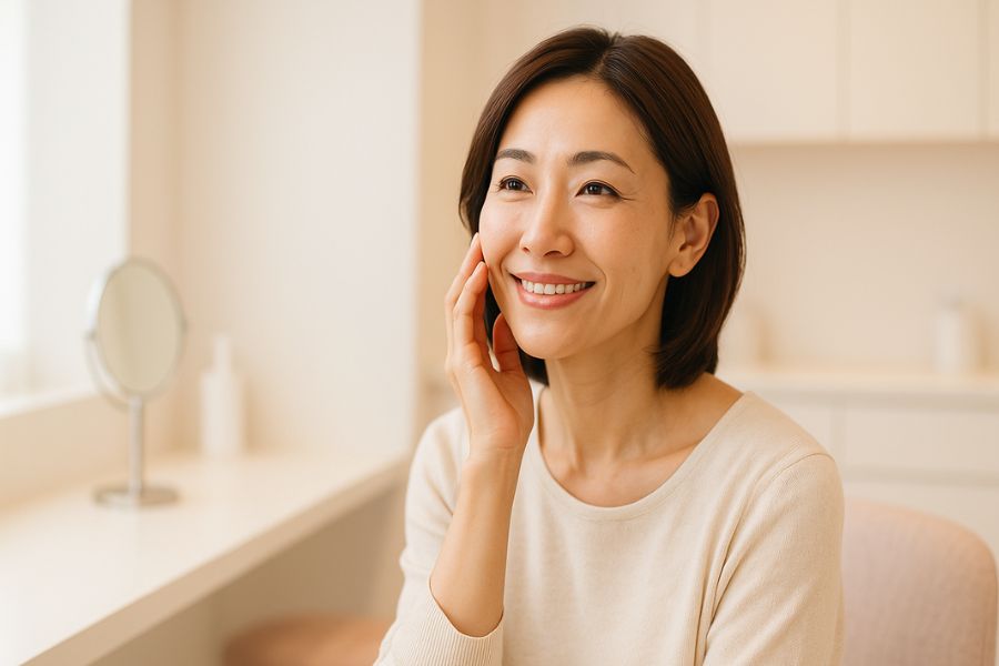 40代女性が美容クリニックの鏡の前で笑顔で自分の顔を確認している様子、顔のたるみ改善への期待を表す画像