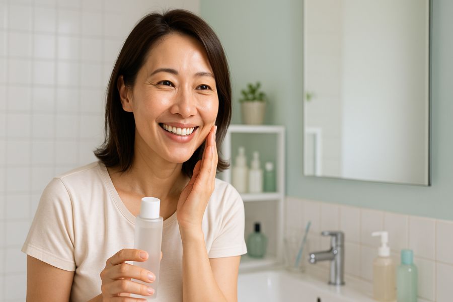 40代女性が明るいバスルームでスキンケア製品を使いながら笑顔でセルフケアを楽しむ様子、たるみ予防の日常習慣