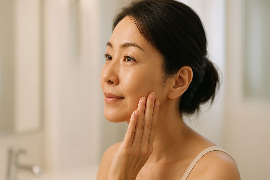 40代女性が鏡で顔の輪郭やたるみやすい部位を確認している横顔、柔らかな照明の中での美容ケア意識を表す画像