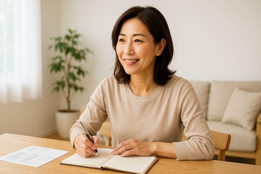 40代女性が美容クリニックの情報をノートに整理しながら慎重に検討している様子、賢い選択のための情報収集