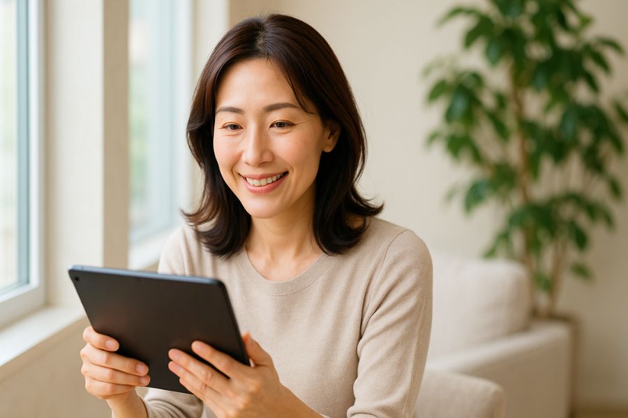 40代女性がタブレットで顔のたるみの原因について情報を調べている様子、明るい自然光の中で前向きに学ぶ姿