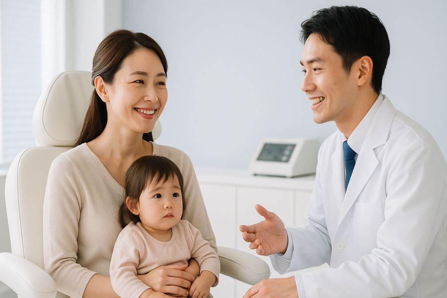 授乳中でも安心して受けられる美容医療について医師に相談する産後ママ